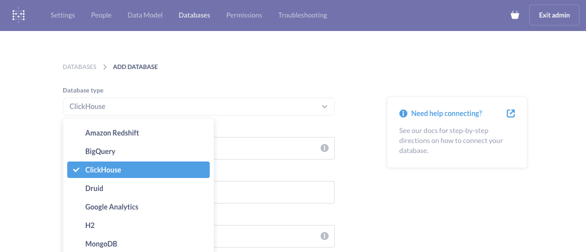 Selección de base de datos en Metabase que muestra ClickHouse como una opción