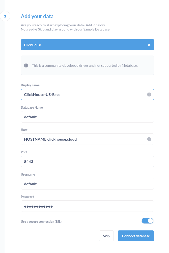 Formulario de datos de conexión de Metabase para una base de datos de ClickHouse