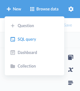 Menú New de Metabase que muestra opciones para crear preguntas, consultas SQL y paneles