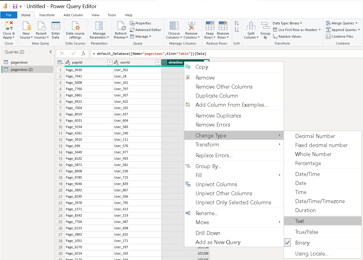 Power Query Editor montrant la transformation du type de données de la colonne UInt64