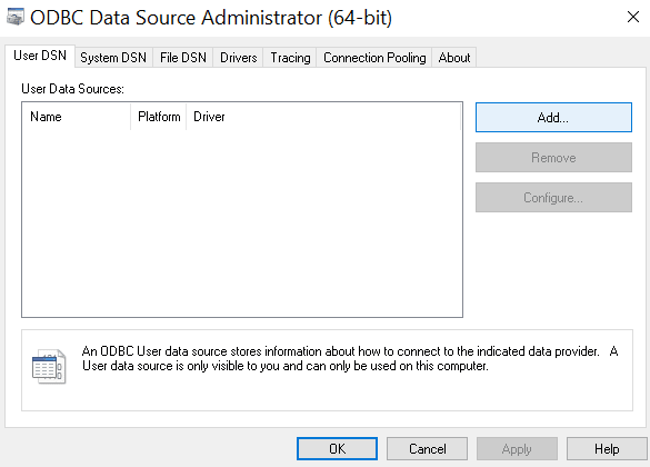 ODBC Data Source Administrator avec le bouton Add mis en évidence pour créer un nouveau DSN