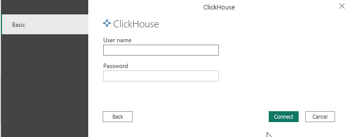 Boîte de dialogue des identifiants de connexion à ClickHouse pour le nom d’utilisateur et le mot de passe