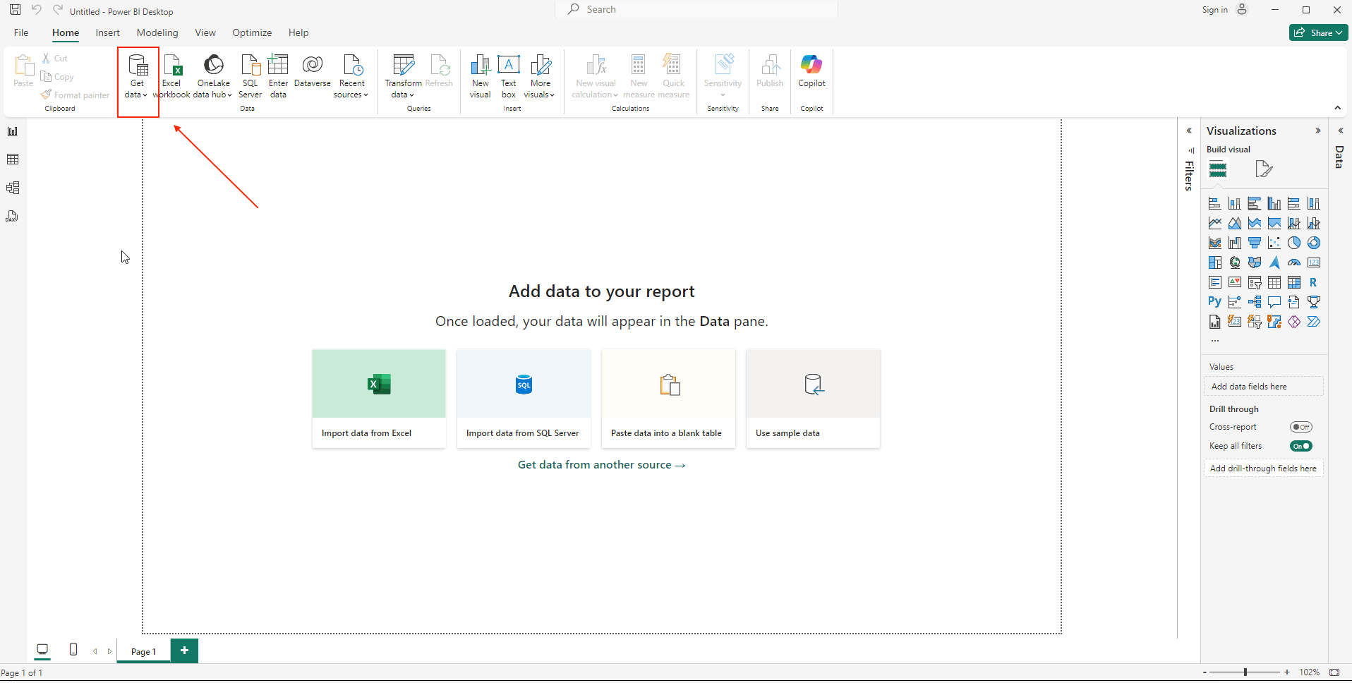 Écran d’accueil de Power BI Desktop avec le bouton Get Data
