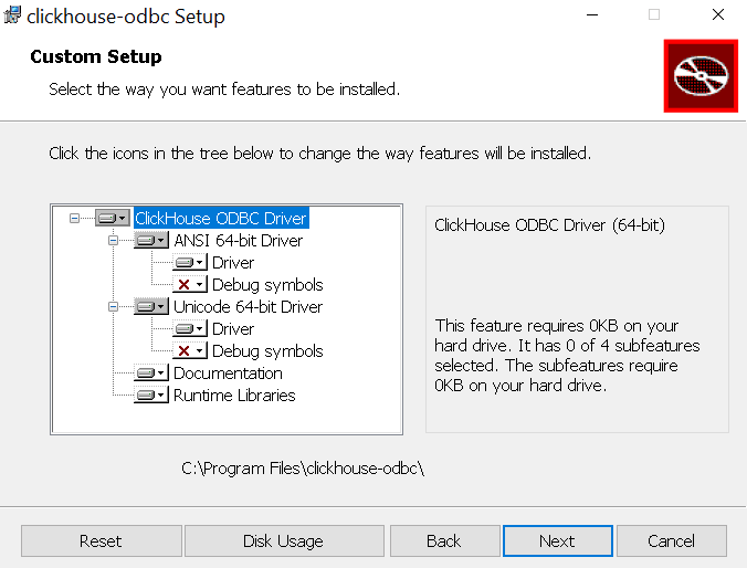 Assistant d’installation du pilote ODBC ClickHouse affichant les options d’installation