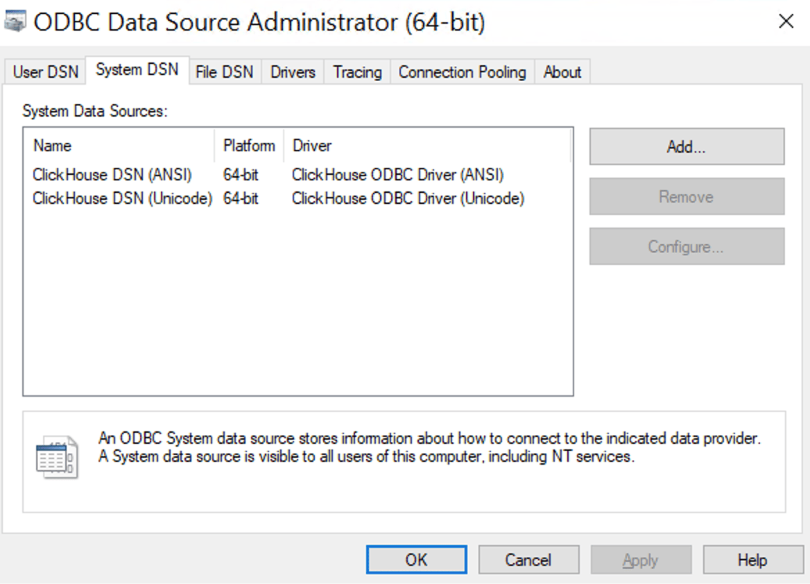ODBC Data Source Administrator affichant les pilotes ClickHouse dans l’onglet Drivers