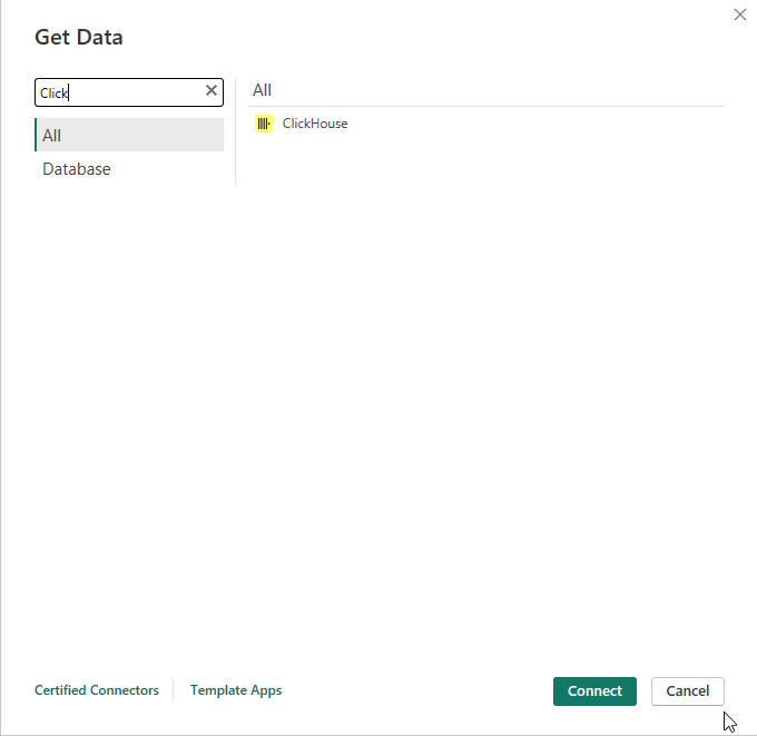 Boîte de dialogue Get Data de Power BI avec ClickHouse saisi dans la barre de recherche
