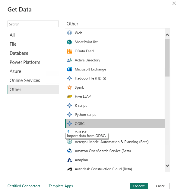 Boîte de dialogue Power BI Get Data avec l’option ODBC sélectionnée dans la catégorie Other