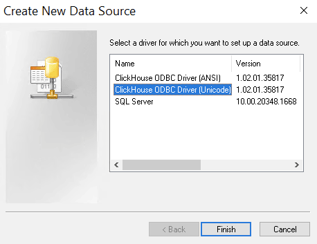 Boîte de dialogue Create New Data Source affichant la sélection du ClickHouse Unicode Driver
