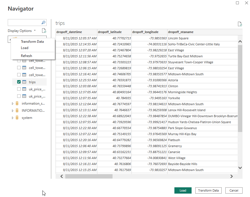 Vue Navigator de Power BI affichant les tables des bases de données ClickHouse et des exemples de données