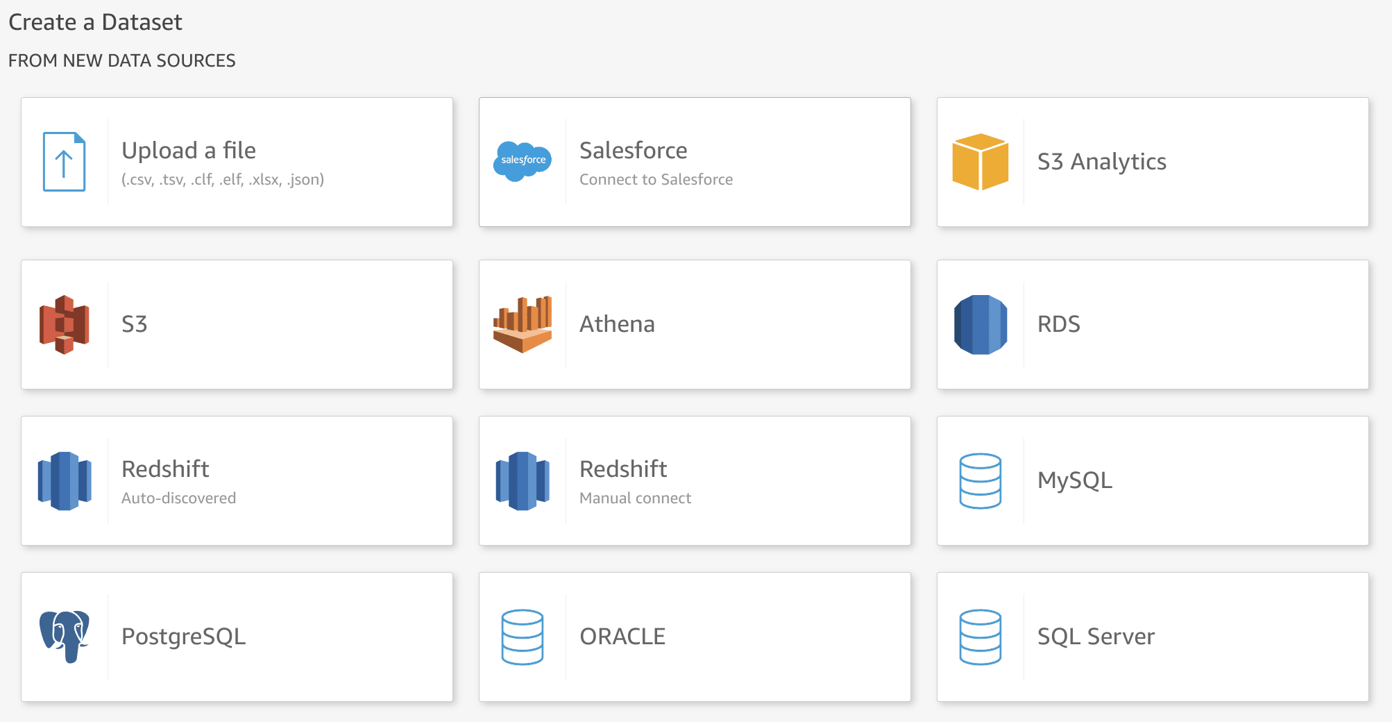 Pantalla de selección de origen de datos de QuickSight con MySQL resaltado en los resultados de búsqueda