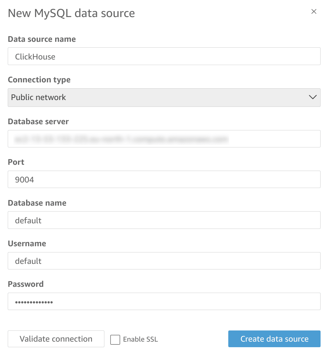 Formulario de configuración de la conexión MySQL de QuickSight con campos para hostname, puerto, base de datos y credenciales