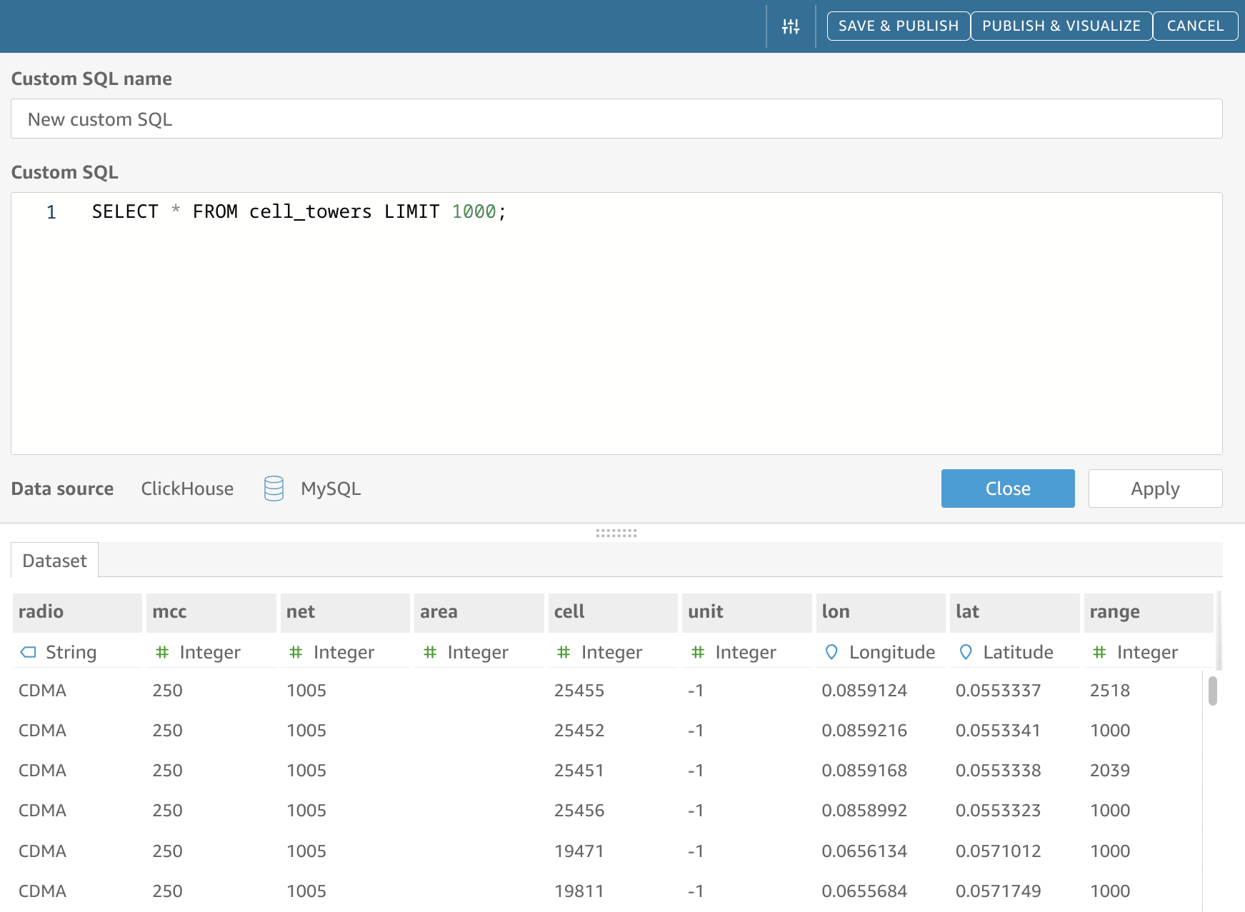 Vista previa de datos de QuickSight que muestra la estructura de la tabla con columnas y datos de muestra