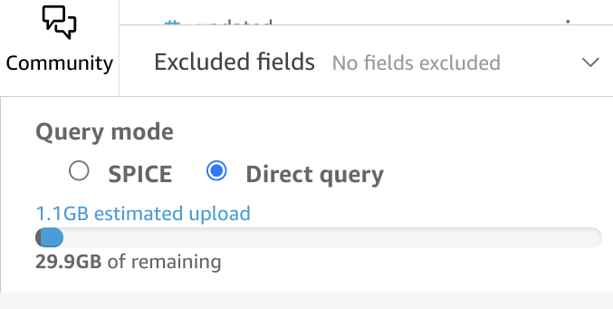 Interfaz de QuickSight con la opción del modo Direct Query resaltada en la esquina inferior