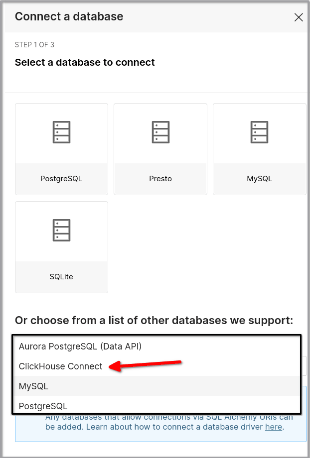 Asistente de conexión de base de datos de Superset con la opción ClickHouse Connect seleccionada