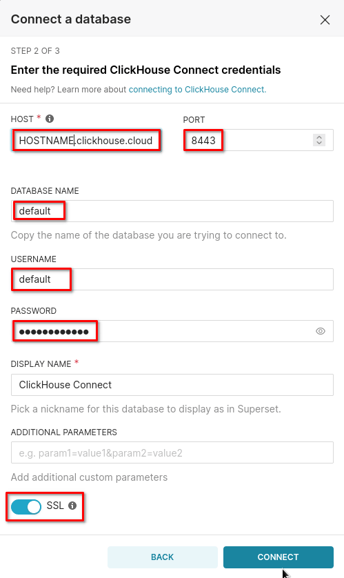 Formulario de configuración de conexión de Superset que muestra los parámetros de la conexión de ClickHouse