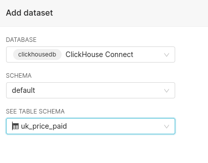Cuadro de diálogo de creación de conjunto de datos en Superset que muestra las tablas disponibles de la base de datos ClickHouse
