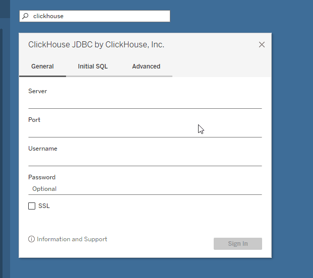 Cuadro de diálogo de conexión de ClickHouse en Tableau que muestra campos para server, port, database, username y password