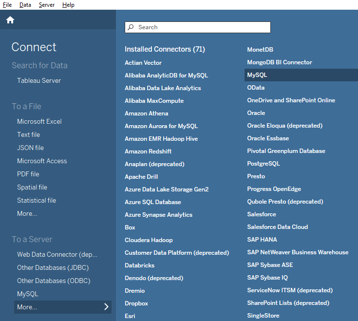 Interfaz de Tableau Desktop que muestra el menú Conectar con la opción MySQL resaltada