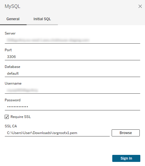 Cuadro de diálogo de conexión MySQL de Tableau Desktop con la opción SSL habilitada y campos para servidor, nombre de usuario, contraseña y certificado