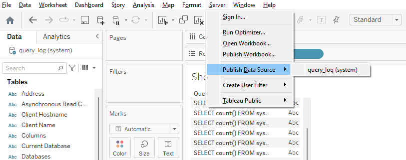 Tableau Desktop mostrando el menú Servidor con la opción Publicar origen de datos resaltada