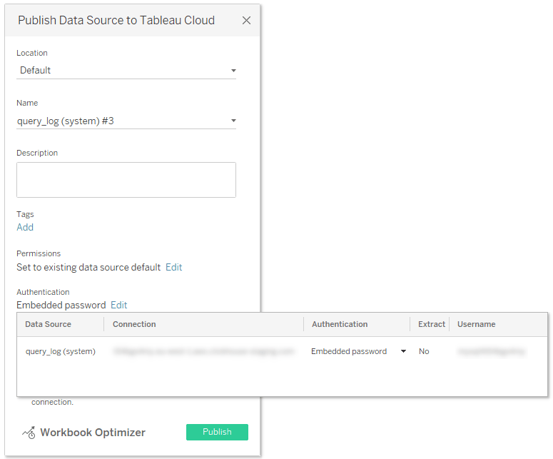 Cuadro de diálogo de publicación de Tableau Desktop que muestra las opciones de Autenticación con Contraseña incrustada seleccionada