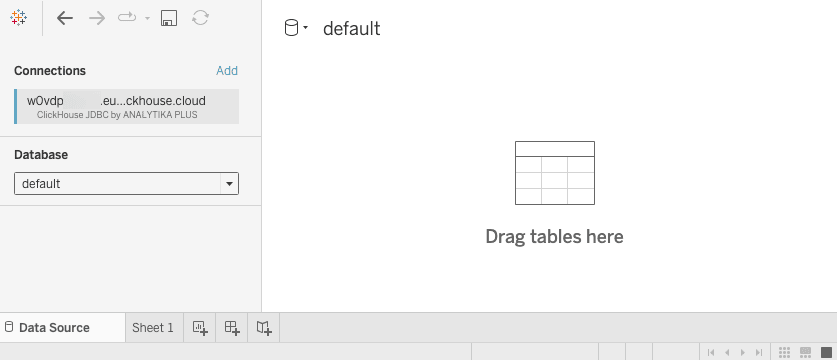 Nuevo libro de trabajo de Tableau que muestra la pantalla de conexión inicial con opciones de selección de base de datos