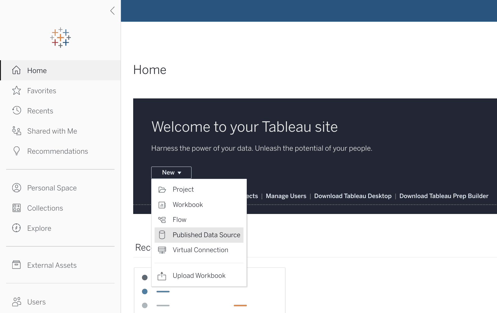 Interfaz de Tableau Online que muestra el botón 'New' para crear un origen de datos publicado
