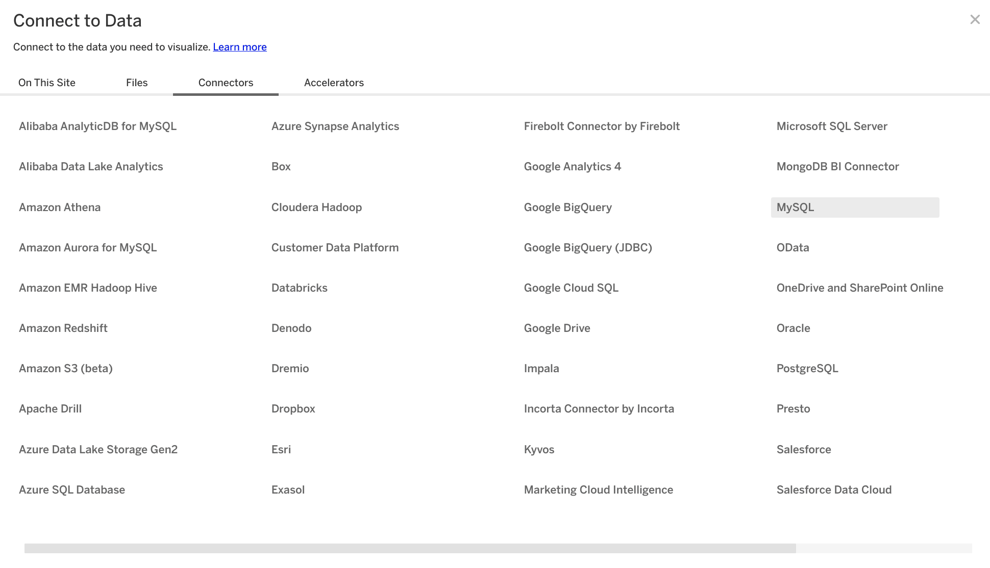 Pantalla de selección de conectores de Tableau Online con la opción MySQL resaltada