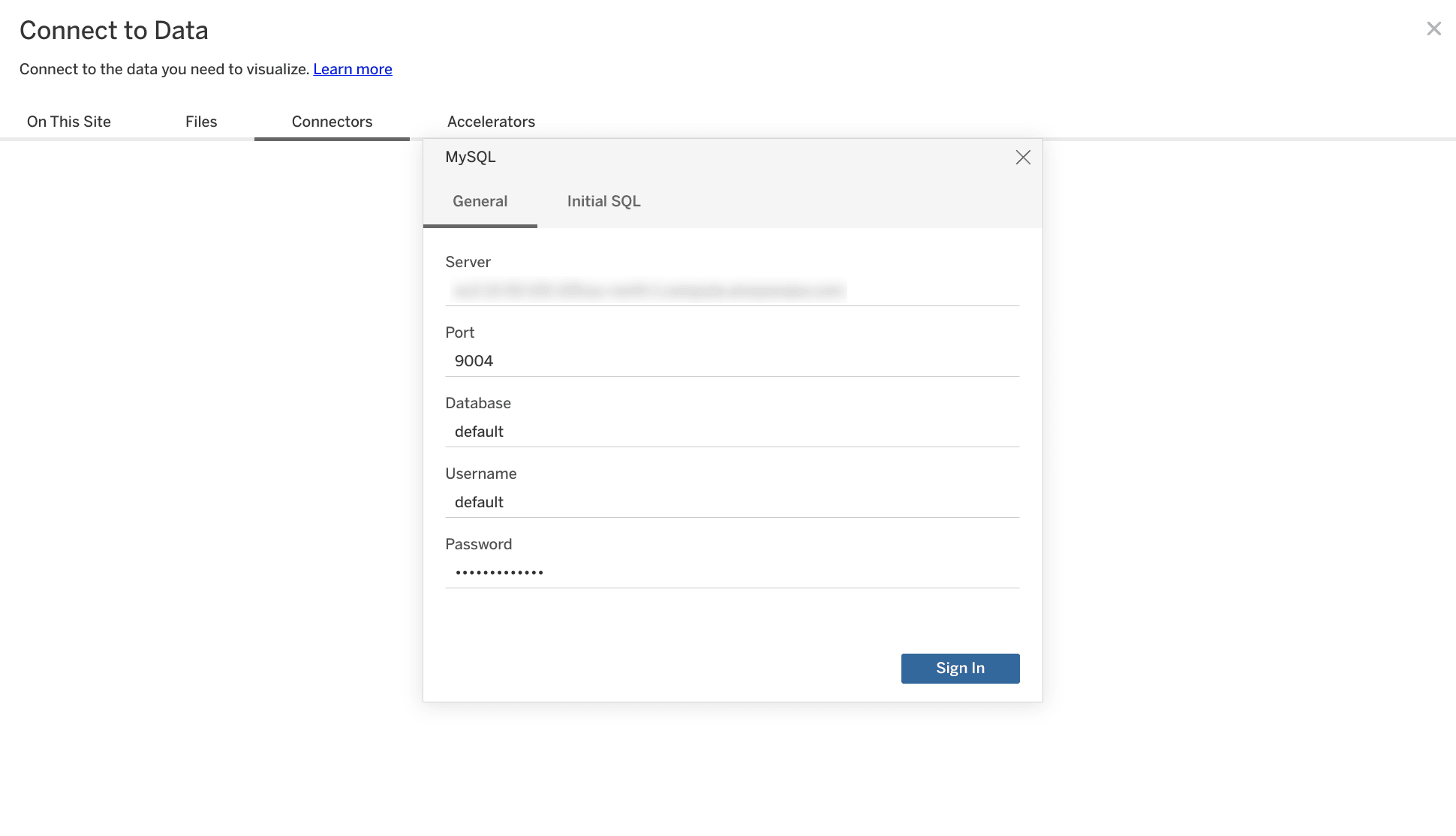 Pantalla de configuración de la conexión MySQL de Tableau Online con campos para servidor, puerto, base de datos y credenciales