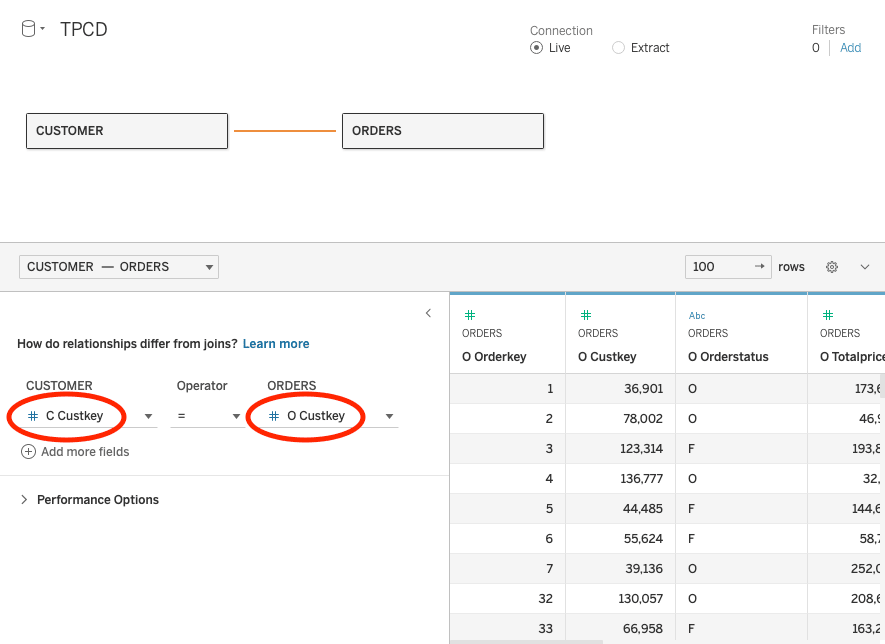 Editor de relaciones de Tableau que muestra la conexión entre las tablas CUSTOMER y ORDERS mediante el campo Custkey