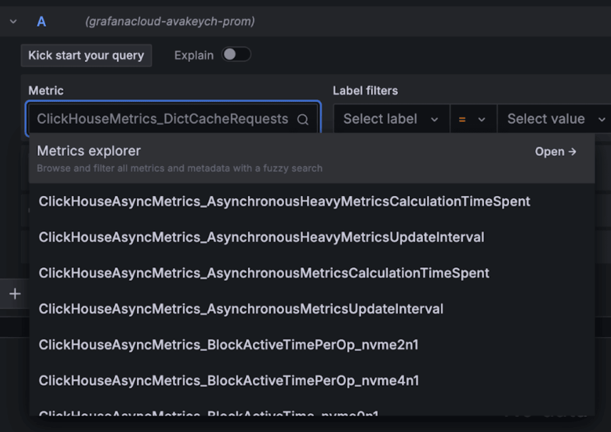 Menu déroulant de Grafana Metrics Explorer