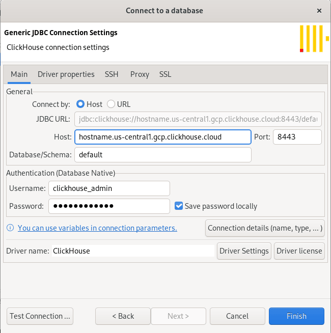 Configure el hostname, el puerto, el usuario, la contraseña y el nombre de la base de datos