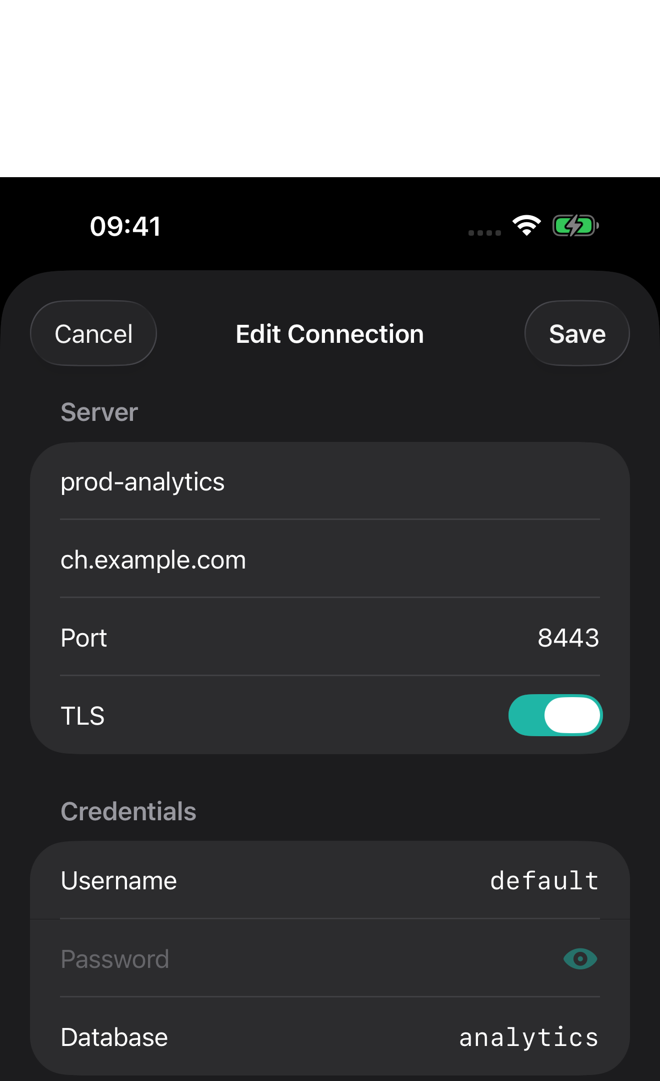 Форма подключения ProbeDeck, настроенная для HTTPS на порту 8443 с именем пользователя ClickHouse