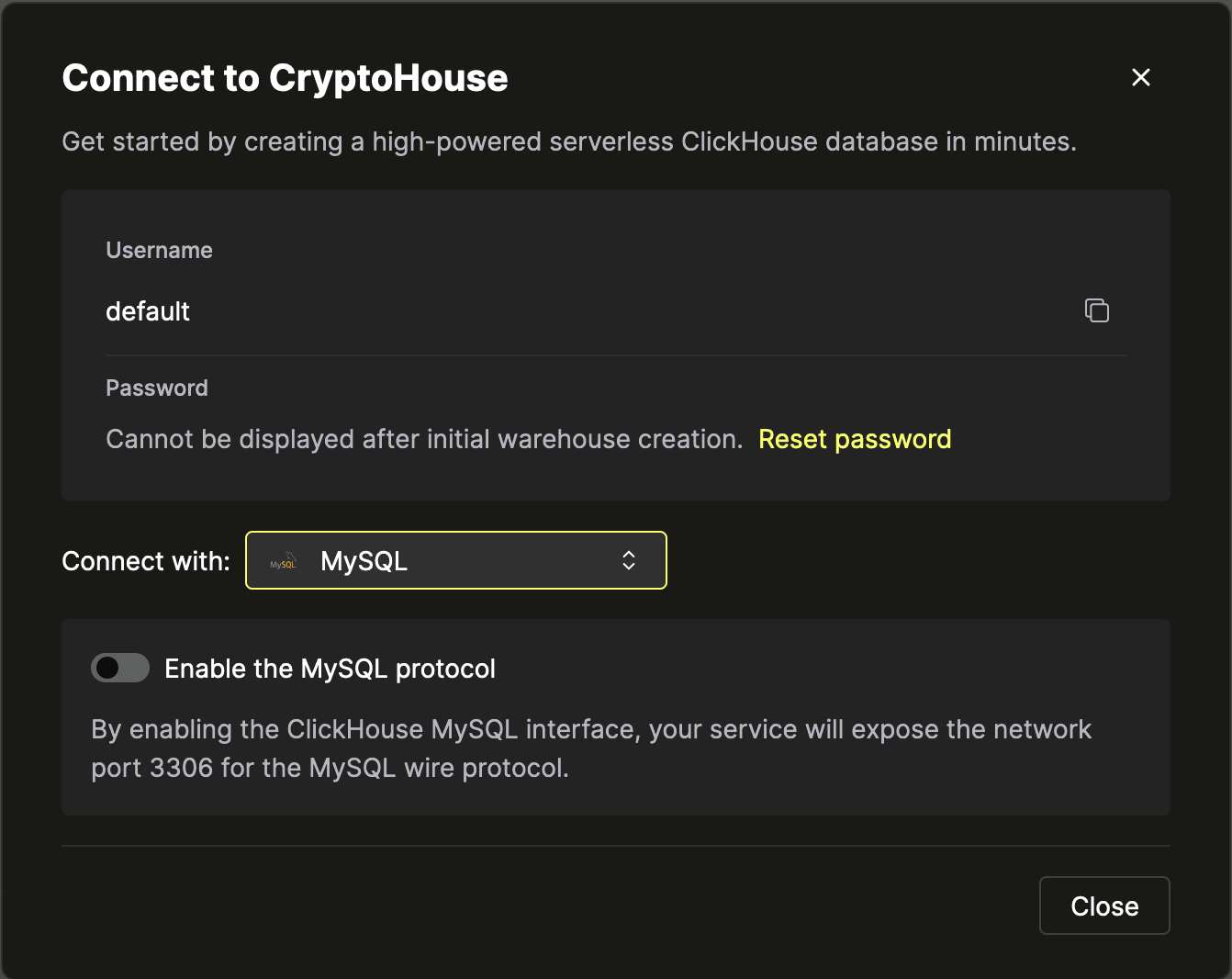 Pantalla de credenciales - MySQL seleccionado