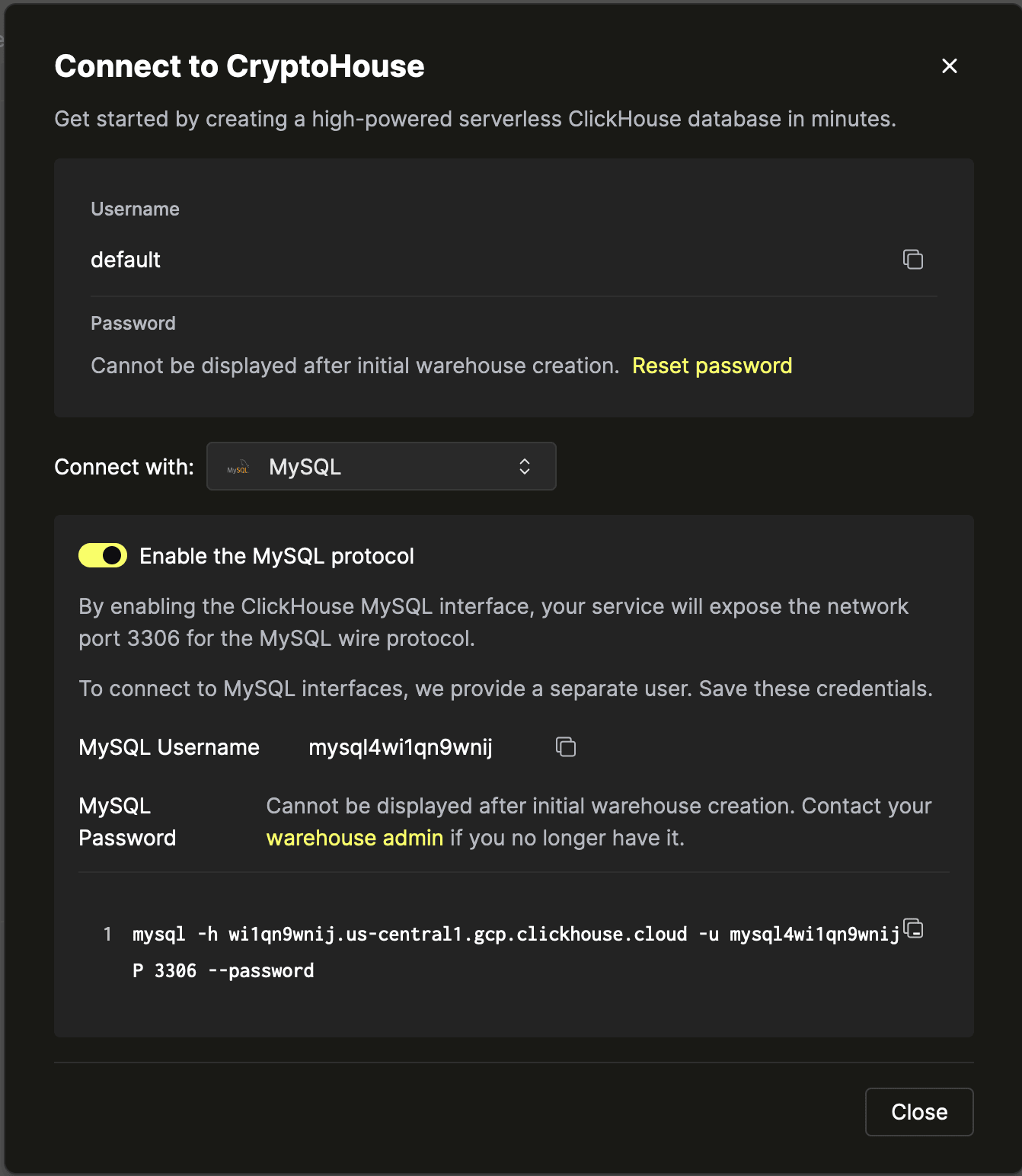 Pantalla de credenciales - MySQL habilitado