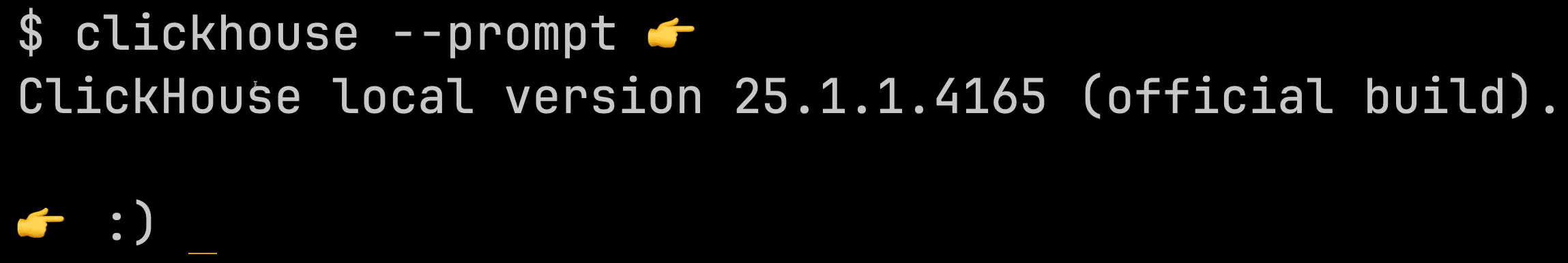 Prompt do ClickHouse client com emoji de dedo