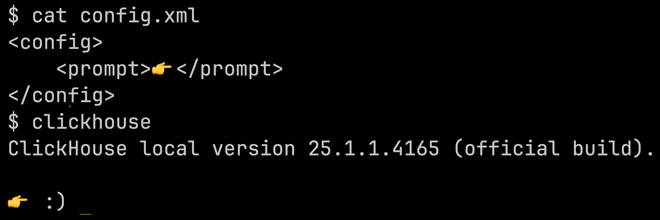 Prompt do ClickHouse client com arquivo de configuração