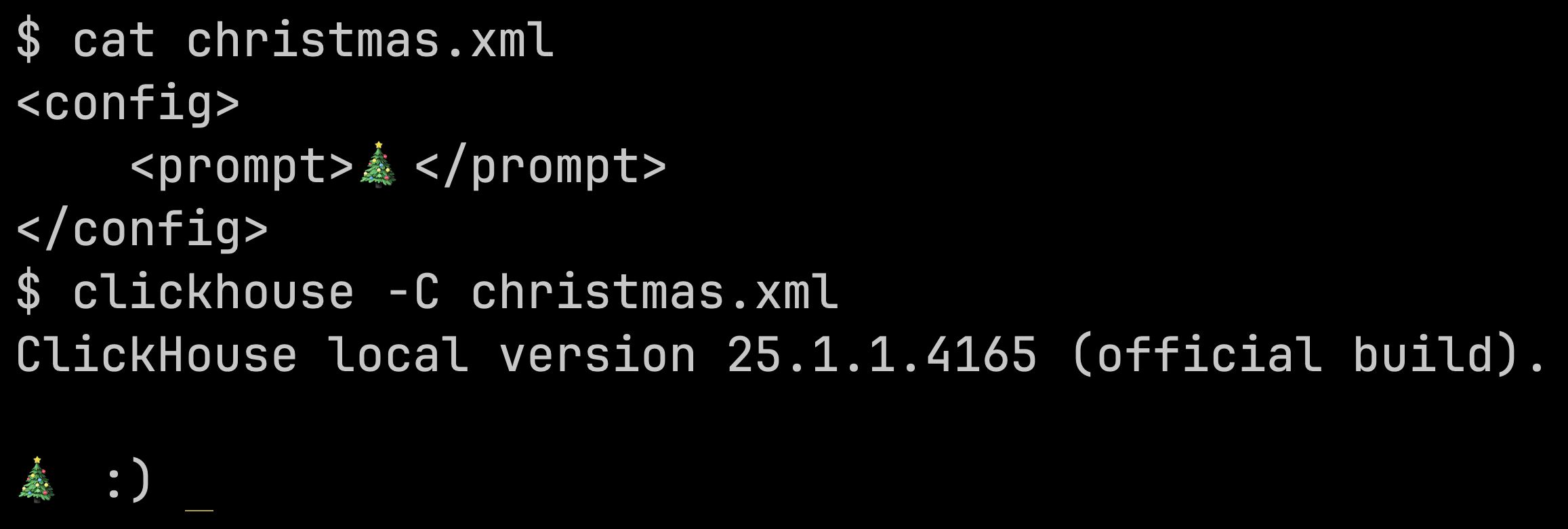 prompt do ClickHouse client com emoji de árvore de Natal