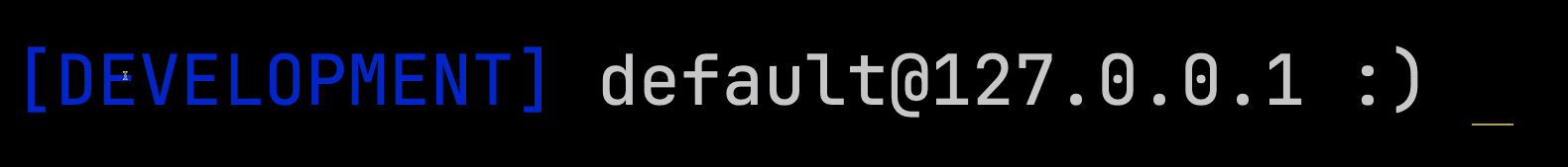 Prompt do ClickHouse client com conexão de desenvolvimento usando YAML