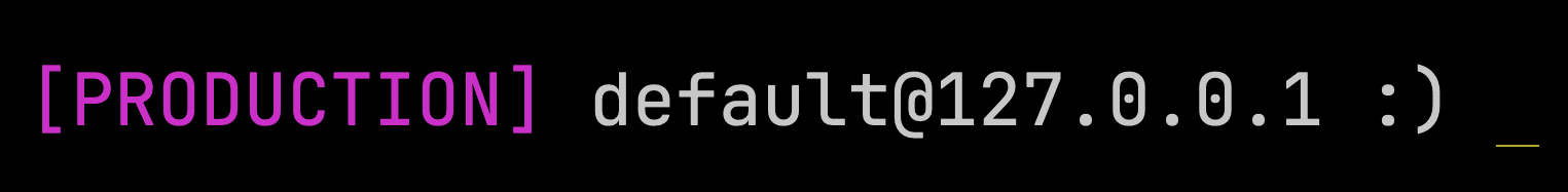 prompt do ClickHouse client com conexão de produção usando YAML