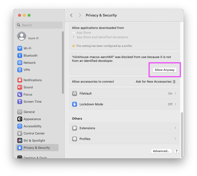 configuración de Privacy & Security en MacOS que muestra el botón Allow Anyway