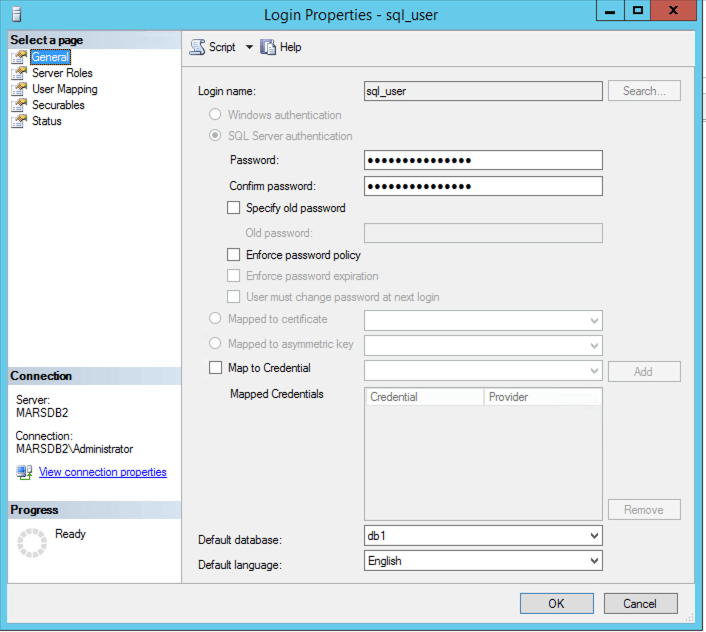 Configuração do login do MSSQL