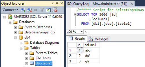 Estrutura do banco de dados e da tabela no MSSQL