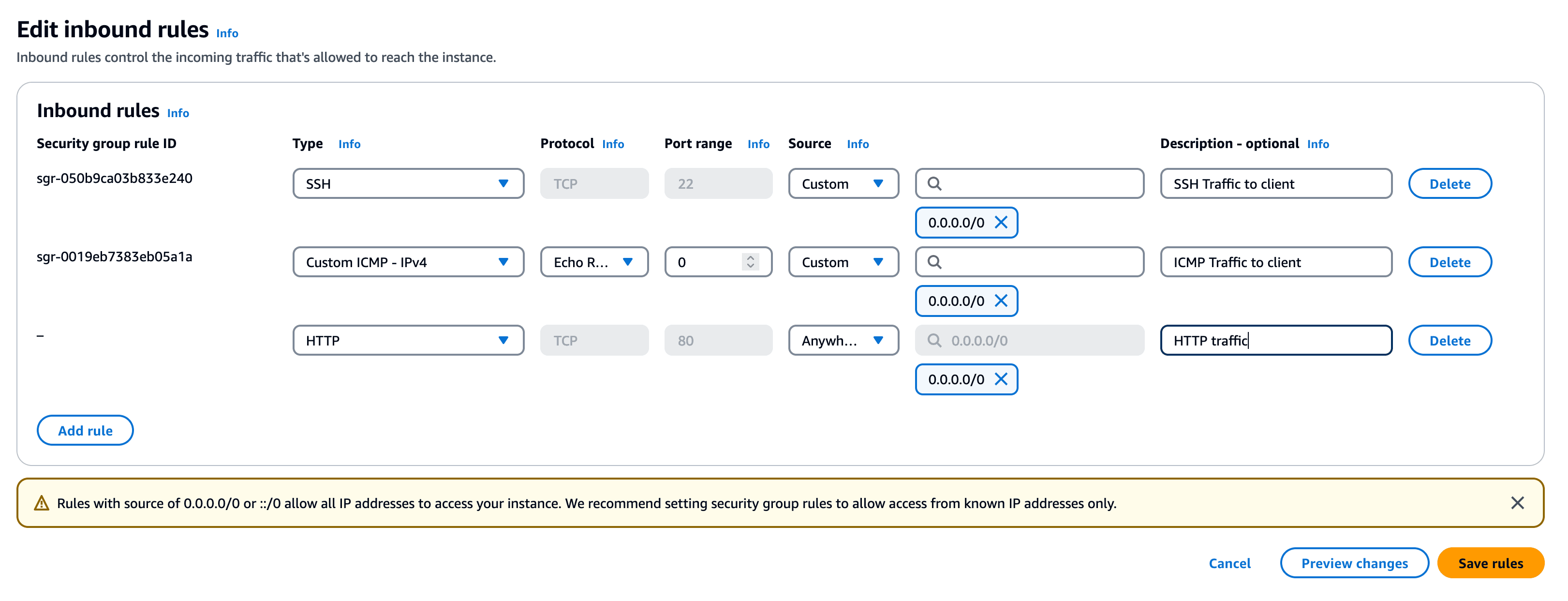 80번 포트가 열려 있는 AWS Security Group 구성 화면