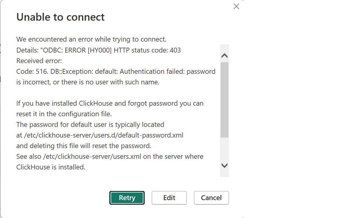 Cuadro de diálogo de error de autenticación de ODBC en Power BI