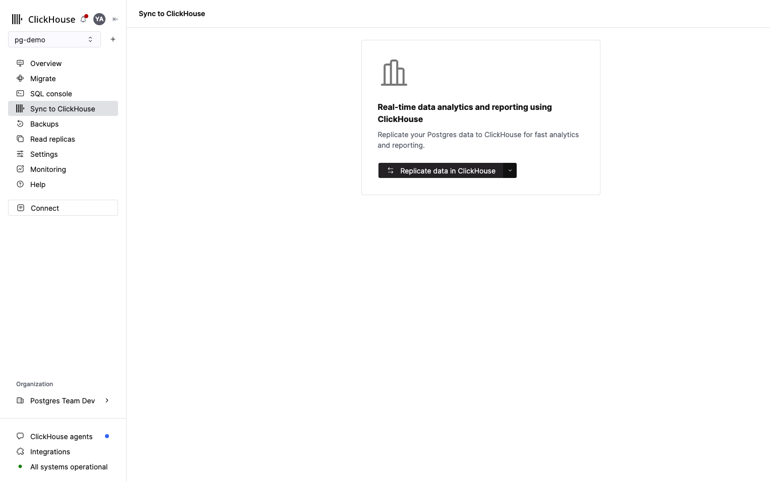 Página principal de ClickHouse Integration que muestra la opción de integración en la barra lateral