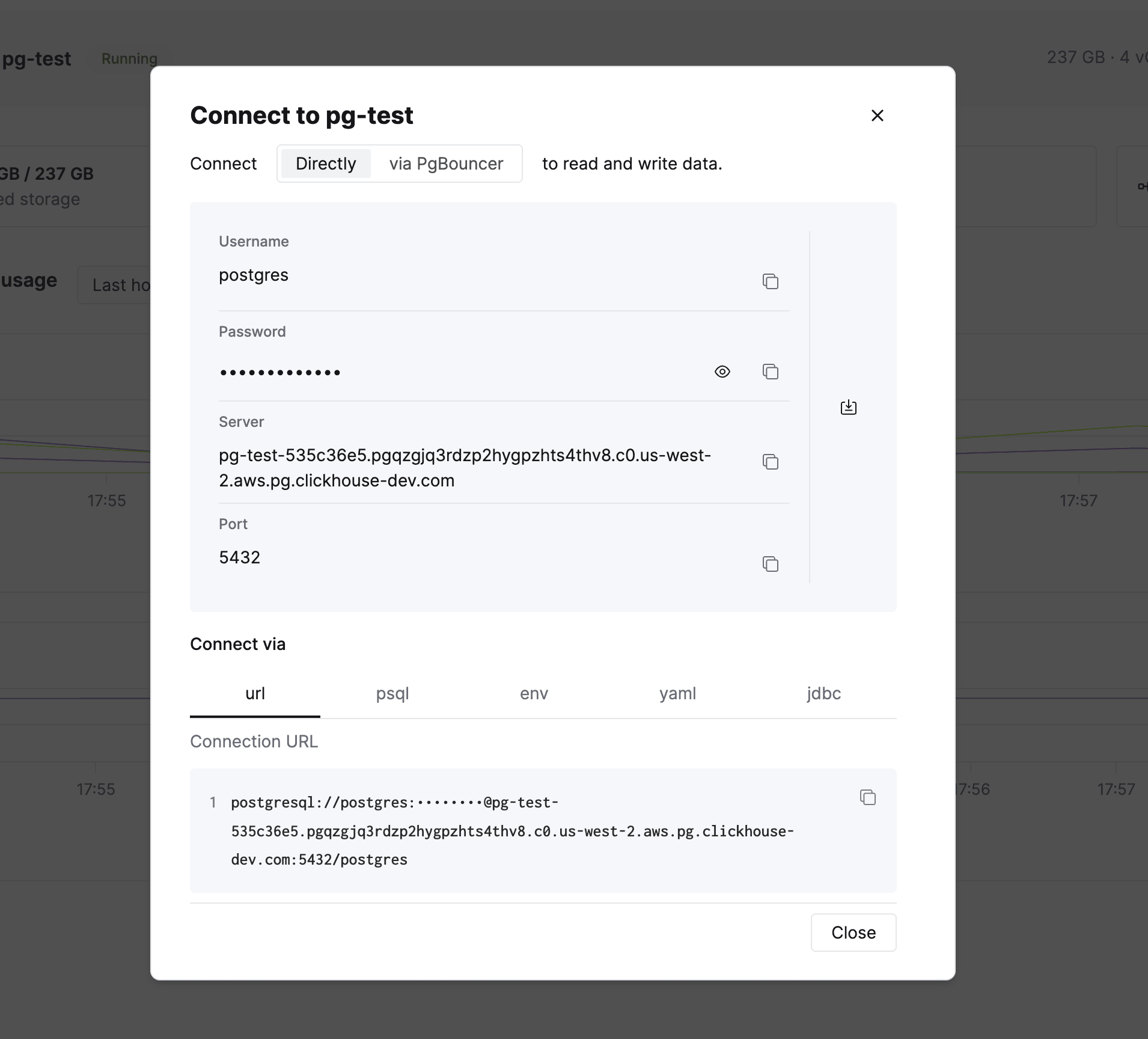 النافذة المنبثقة Connect لـ ClickHouse Managed Postgres