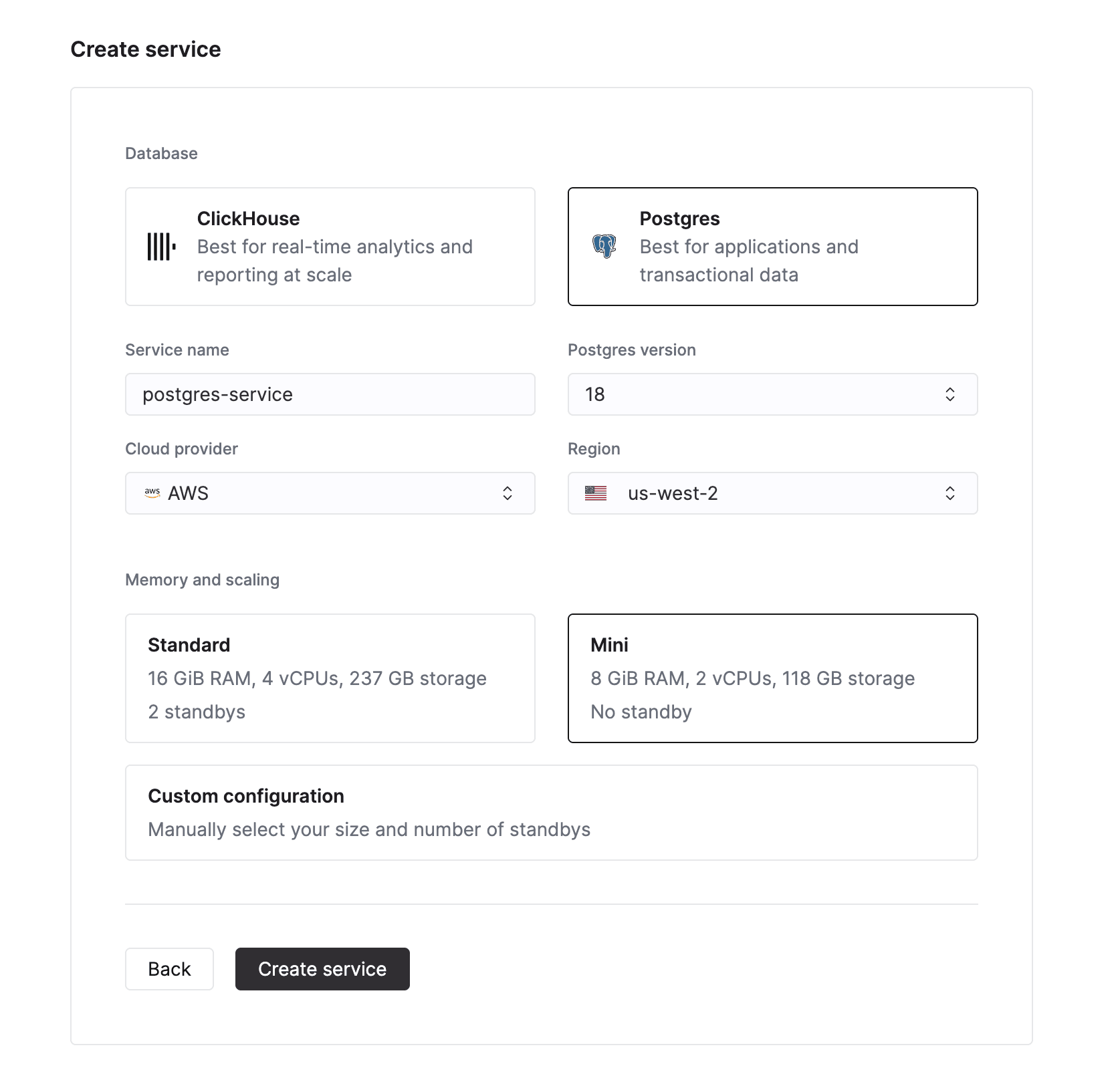أنشئ خدمة ClickHouse Managed Postgres