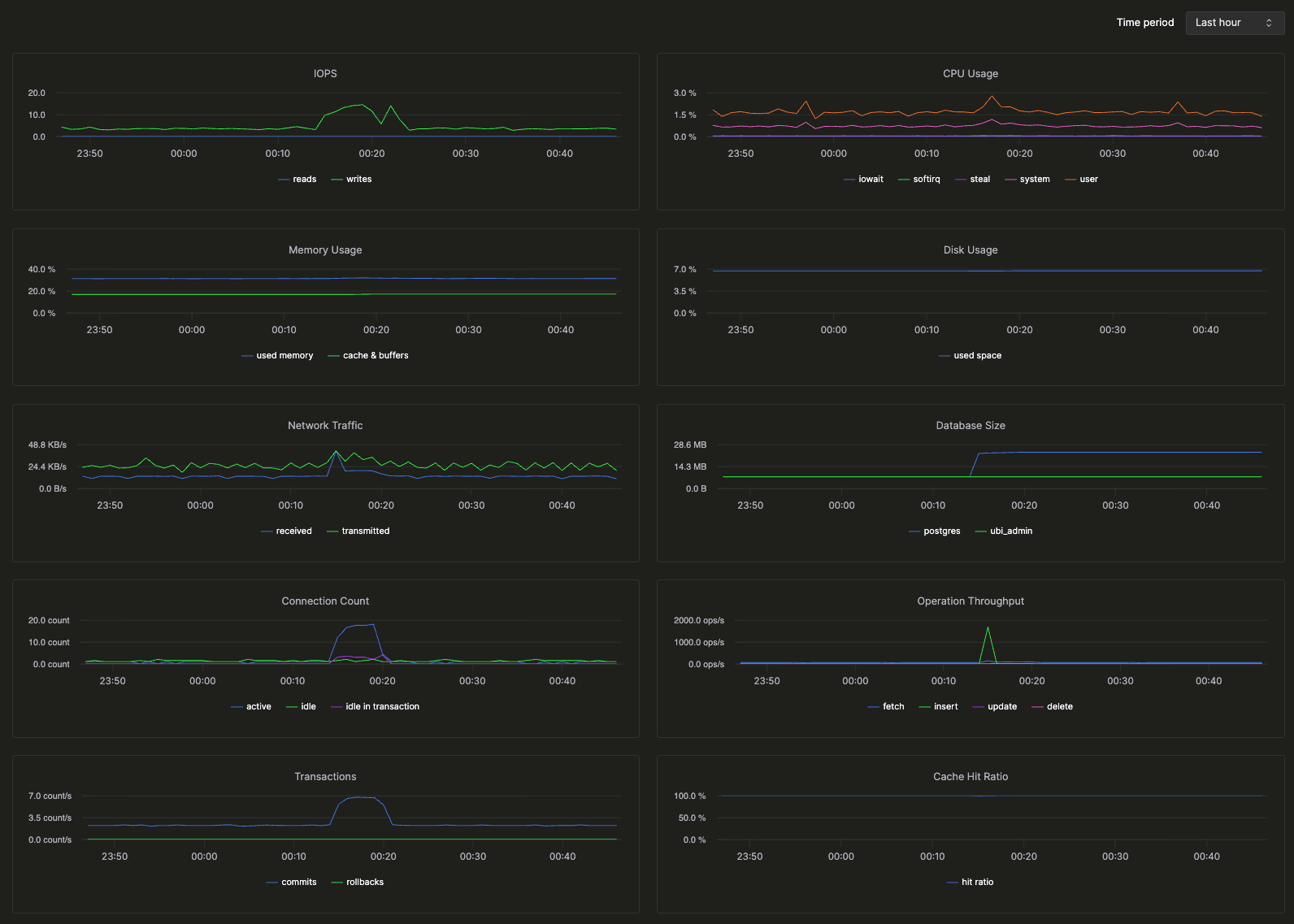 Panel de Monitoring que muestra IOPS, uso de CPU, memoria, disco, tráfico de red, tamaño de la base de datos, conexiones, rendimiento, transacciones, tasa de aciertos de caché e interbloqueos