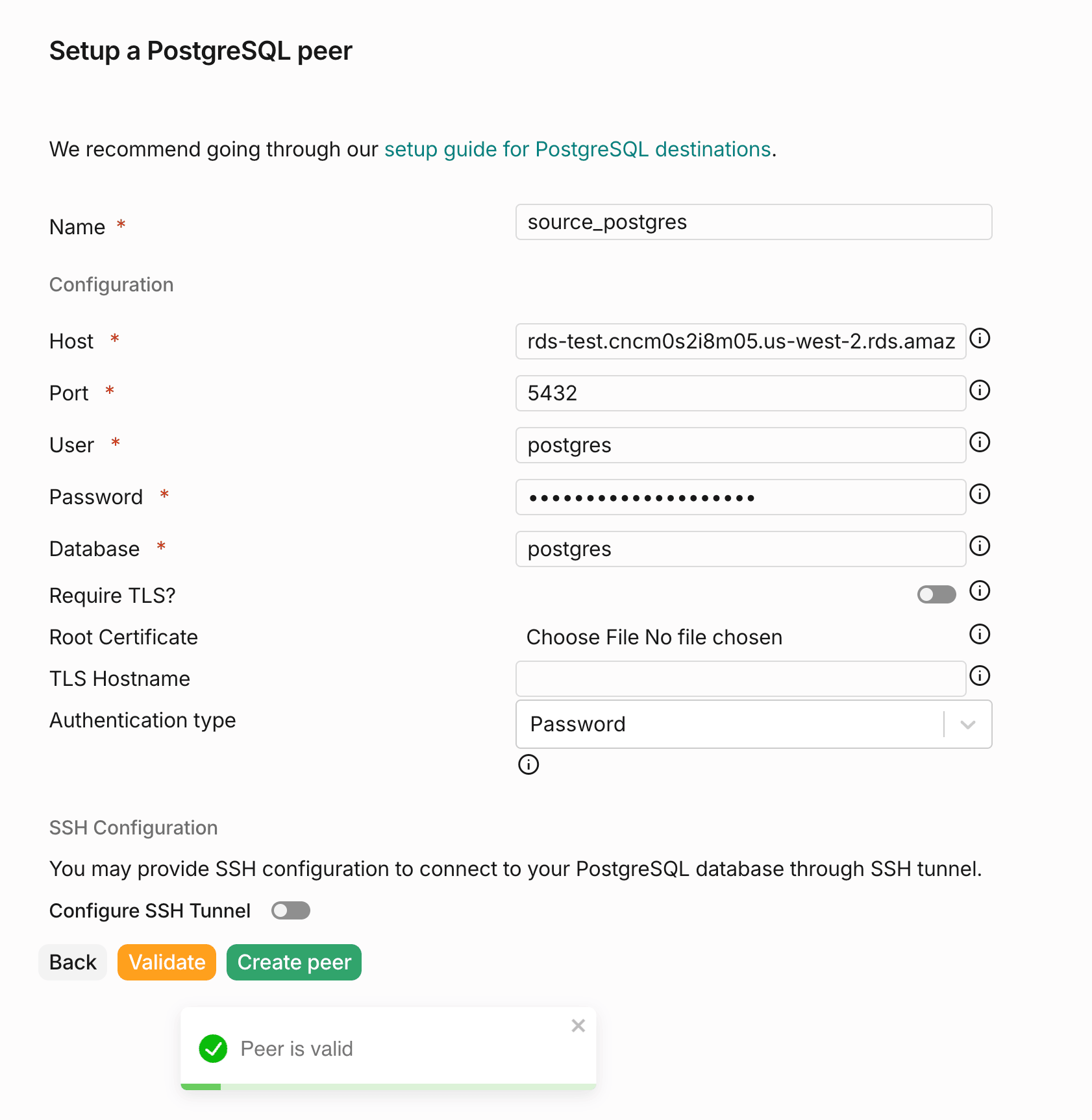 Создание peer для источника
